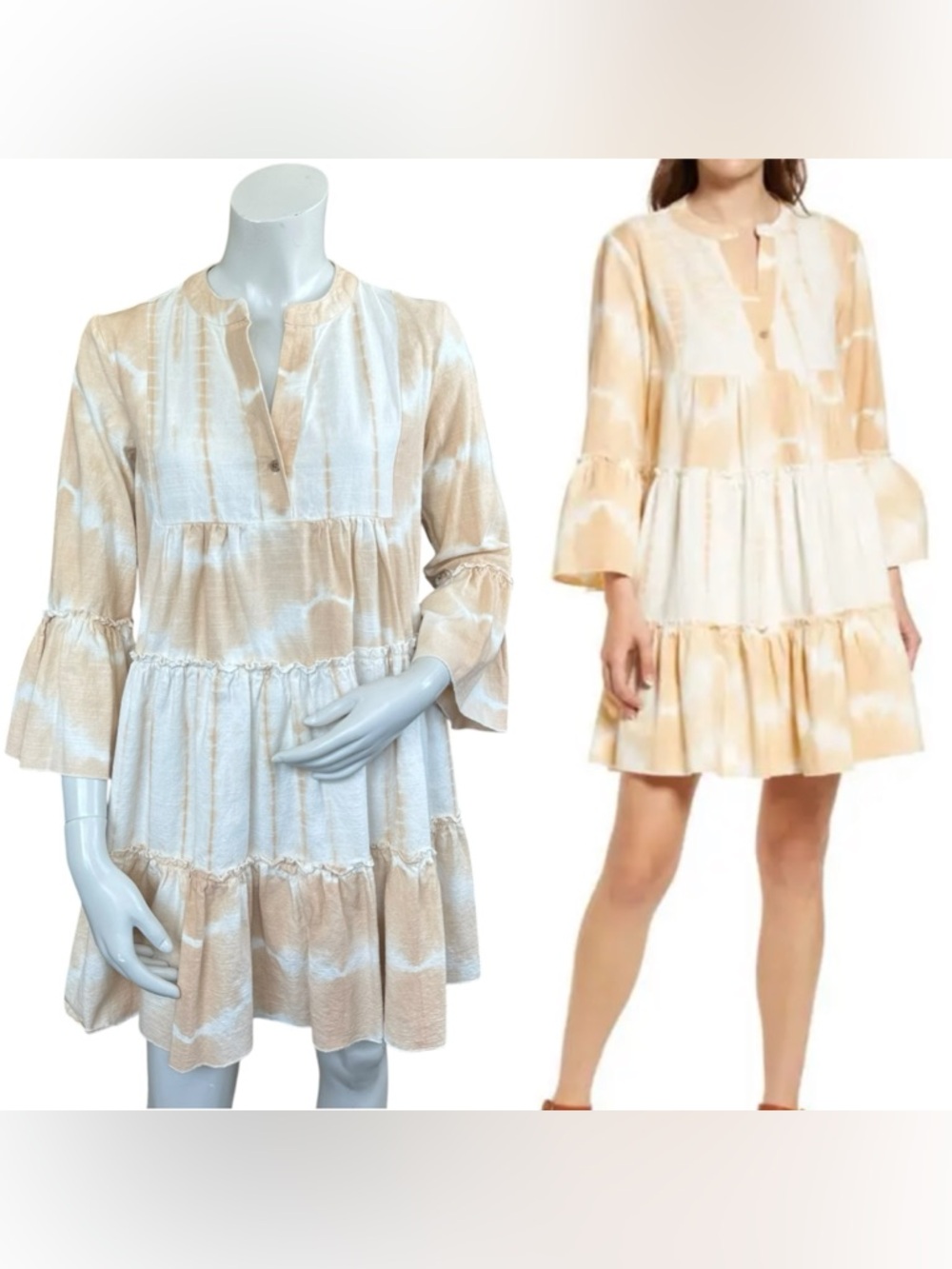 Faherty Vida Tie Dye Organic Cotton Tiered Trapeze Mini Dress in Maple Sugar XS